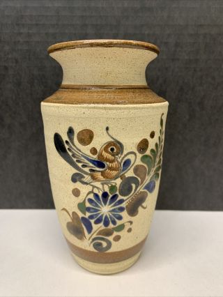 Vintage Tonala Mexican Art Pottery Vase Bird Floral Art Jalisco Mexico Signed