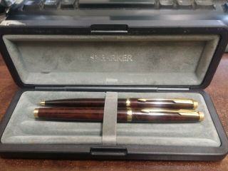Set Parker 75 Fountain Pen Pencil Thuya Brown Woodgrain Tortoiseshell 18ct Gold