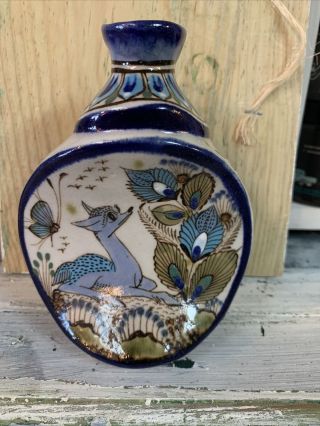 Mexican Pottery Vase Ken Edwards Blue Owl Deer Butterfly