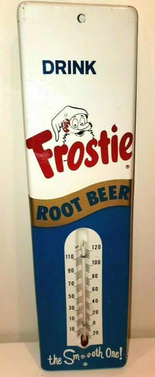 Vintage 1950s DRINK FROSTIE ROOT BEER THERMOMETER Tin Sign Soda Pop Elf Ad Store 2
