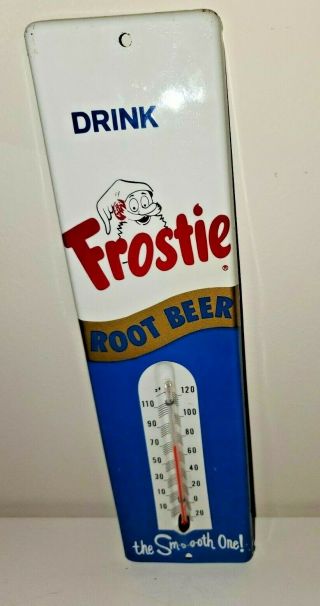 Vintage 1950s DRINK FROSTIE ROOT BEER THERMOMETER Tin Sign Soda Pop Elf Ad Store 6