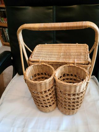 Vintage Wicker Rattan Wood Picnic Basket W/ 2 Wine Bottle Compartments Mod Boho