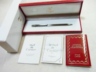 Cartier Must Ii 2 Palladium Silver Godron Ballpoint Pen W/box & Guarantee