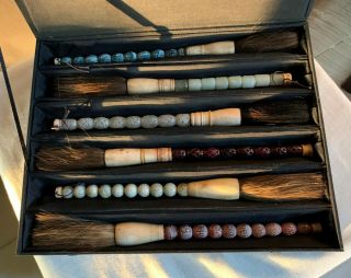 Chinese Calligraphy Brushes.  Vintage Set Of Six.  Carved Stone Handles.