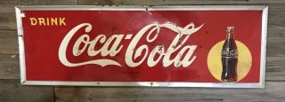1940’s Drink Coca Cola Sign May 1947 54” X 18” Yellow Dot Coke Bottle