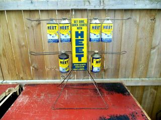 Vintage Heet Antifreeze Painted Metal Gas Oil Sign Display Rack W/ Cone Top Cans