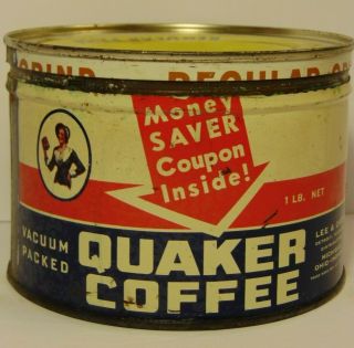 Vintage 1950s Quaker Graphic Coffee Tin One Pound Lee & Cady Detroit Michigan Mi