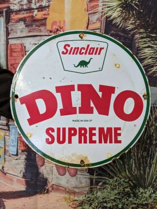 Vintage Sinclair Dino Supreme Gasoline Porcelain Enamel Gas Pump Station Sign