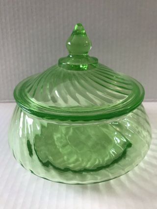 Vintage Green Depression Glass Covered Candy Dish Swirl Design With Lid