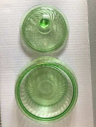 Vintage GREEN DEPRESSION GLASS Covered Candy Dish Swirl Design with Lid 2