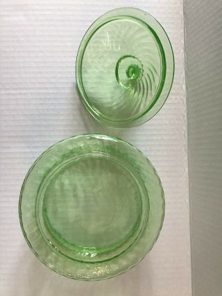 Vintage GREEN DEPRESSION GLASS Covered Candy Dish Swirl Design with Lid 3