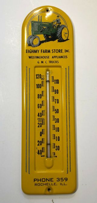 1950s John Deere Tractor Thermometer Sign 13” Eighmy Farm Store Gmc Rochelle Il