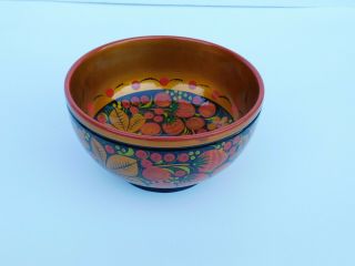 Russian Khokhloma Lacquer Hand Painted Wooden Bowl - 5.  5 " X 3 ".