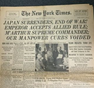 Japan Surrenders - World War 2 Ii - August 15,  1945 York Times Newspaper