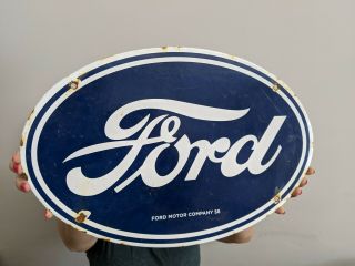 Large Old 11 " X 16.  5 " Vintage 1958 Ford Motor Company Dealer Porcelain Gas Sign