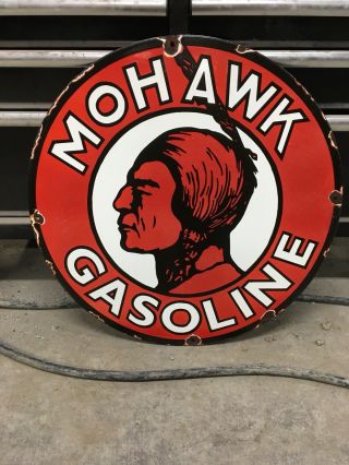 Mohawk Gasoline 24 " Porcelain Sign 2 Feet Indian Vintage Gas Motor Oil