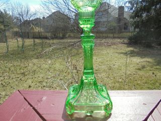 Antique Vintage Green Pressed Pattern Glass Lion Head Flower Candlestick 9 1/4 "