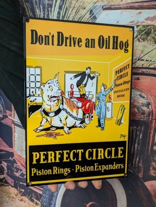 Old Vintage Heavy Perfect Circle Hog Piston Rings Porcelain Gas Pump Metal Sign