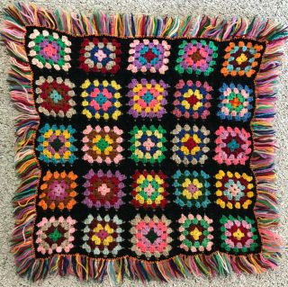 Vtg Crochet Afghan Granny Square Multi Color Black Fringe Chair Headrest 25 X 25