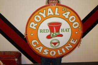 Large Red Hat Royal " 400 " Gasoline Gas Station 30 " Porcelain Metal Sign