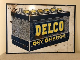 Delco Dry Charge Porcelain Double Sided Sign 1940’s Gas Station Advertisement