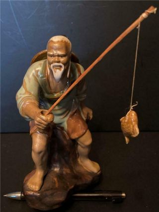 Vintage Mudman Chinese Figurine Man Fishing With Fish