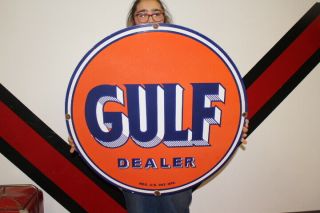 Large Gulf Dealer Gasoline Motor Oil Gas Station 30 " Porcelain Metal Sign