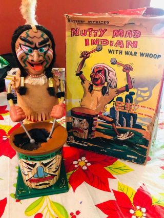 Vintage Tin Marx Battery Op Nutty Mad Indian 1960s Japan Non -