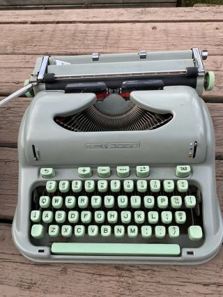 Vintage Green Hermes 3000 Portable Typewriter With Cursive Type And Case