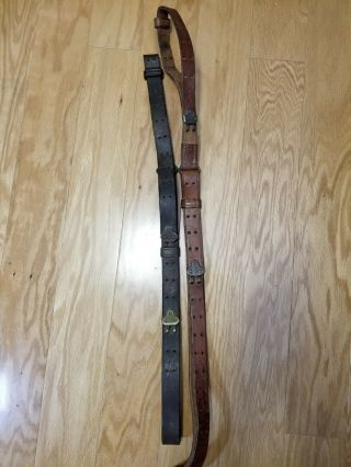 Two Vintage Wwii U.  S.  Army Leather Gun Belt Straps - Sam Brown? Marked Boyt 1943