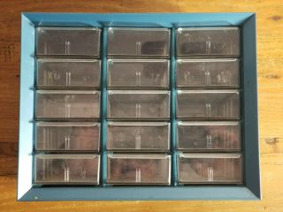 Vtg Akro - Mils Blue Metal 15 Drawer Small Parts Organizer Storage Bin Cabinet
