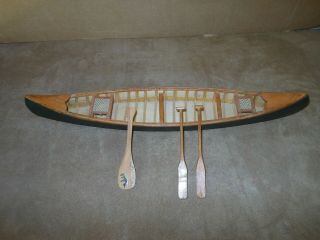 Vtg Canoe Model 15 X 2 - 3/4 Handcrafted Wooden Built Boat W/ Paddles Collectible