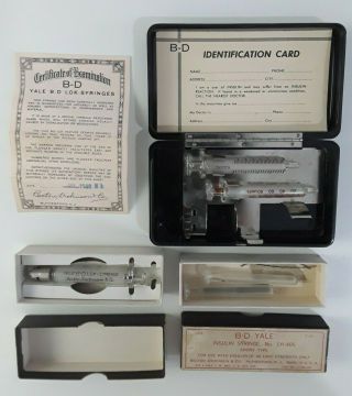 3 Vintage Medical Insuline Glass Syringes In Case And Paperwork