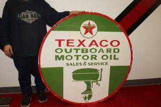Large Texaco Outboard Boat Motor Oil Fishing 2 Sided 36 " Porcelain Metal Sign