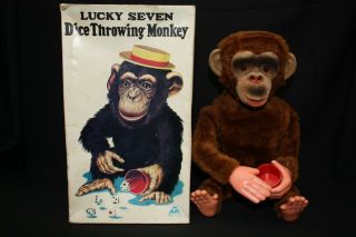 Vintage Alps Japan Battery Operated Lucky Seven Dice Throwing Monkey With Origin