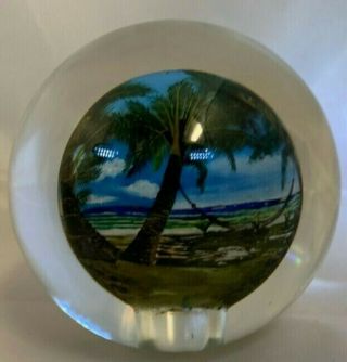 Reverse Hand Painted Glass Ball Globe Tropical Beach Scene With Hammock 4 "