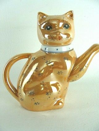 Vintage Lusterware Kitten - Cat Teapot Pitcher With Lid Blue Flower - Type Print