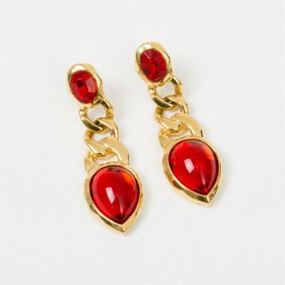 Vintage Signed Trifari Yellow Gold Toned & Red Jewel Drop Dangle Earrings 1.  75 "