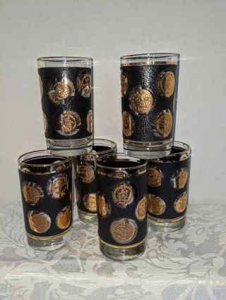 Vintage Set Of 6 Libbey Black And Gold Coin High Ball Glasses 5 " X 2 3/4 "