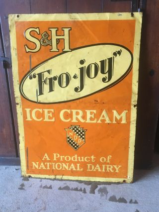 Vintage Fro•joy Ice Cream Advertising Sign National Dairy Tin Farm Barn Maine