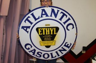 Large Atlantic Ethyl Gasoline Gas Station 30 " Porcelain Metal Sign