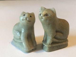 Vtg 1970’s Two Hand Carved Jade Soapstone Cat Kitten Miniatures Shanghai China