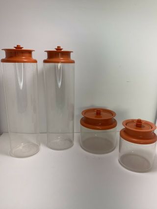 Vintage Retro Tupperware Clear Acrylic Orange Push Button Lid Canister Set Of 4