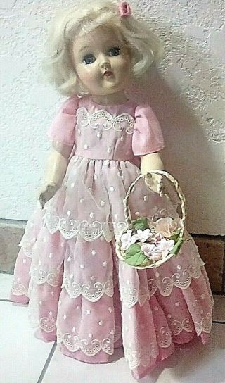 Vintage Ideal Toni Doll P - 90 Platinum Blonde Blue Sleep Eyes In Pink Gown Nr