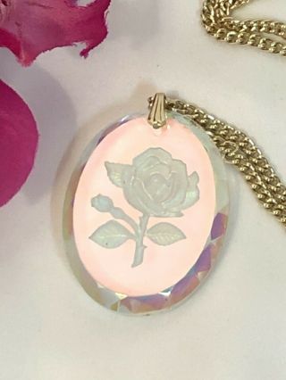 Stunning Vintage Signed Germany Rose Carved Glass Gold - Tone Pendant Necklace