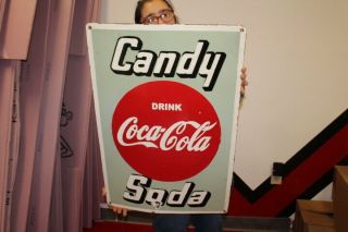 Large Coca Cola Candy & Soda Pop Fountain Gas Oil 30 " Porcelain Metal Sign