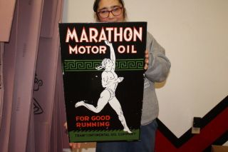 Large Marathon Motor Oil Gas Station 2 Sided 24 " Porcelain Metal Flange Sign