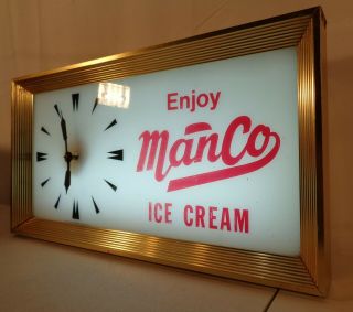Vintage Enjoy Manco Ice Cream Lighted Wall Clock Sign Soda Pop
