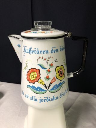 Berggren Swedish Enamel Vintage Coffee Pot Percolator Folk Art Rosemaling 8 Cup