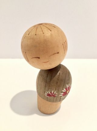 Japanese Vintage Wood Kokeshi Doll Cute Boy W/ Red Flower Kimono & Happy Smile